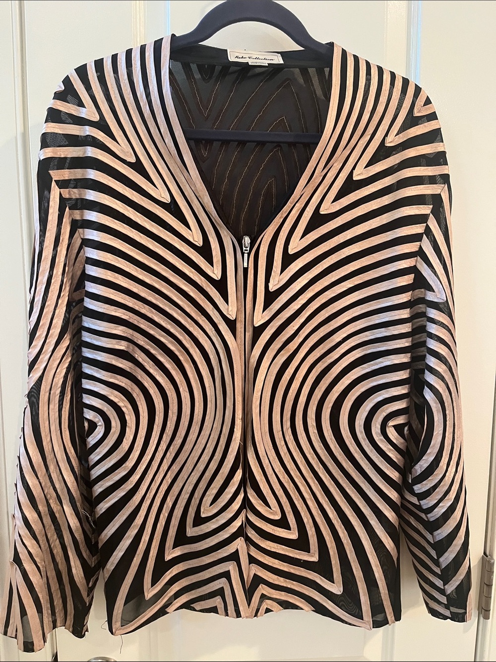 Elegant Y2K Rose Gold Ribbon & Black Geo Stripe Zip-Front Dressy Top, Plus size